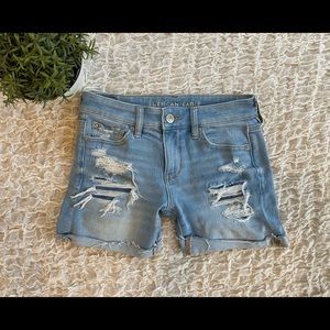 American Eagle Stretch Midi Jeans Shorts Distressed Denim Cutoffs Frayed Patch 4